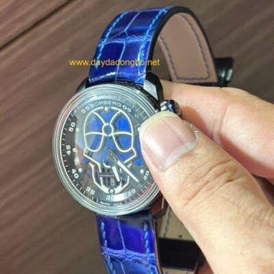 Dây da đồng hồ Bomberg BB-01 Skull Blue da cá sấu Pháp